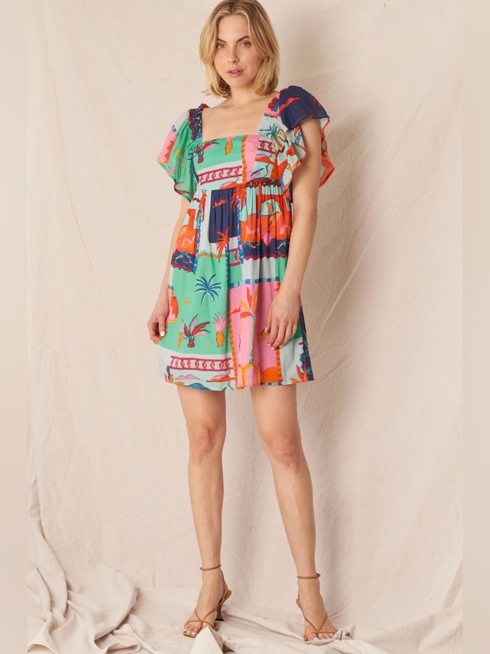 NEW Happy Colorful Flutter Sleeves Mini Dress Vibrant Tropical Print